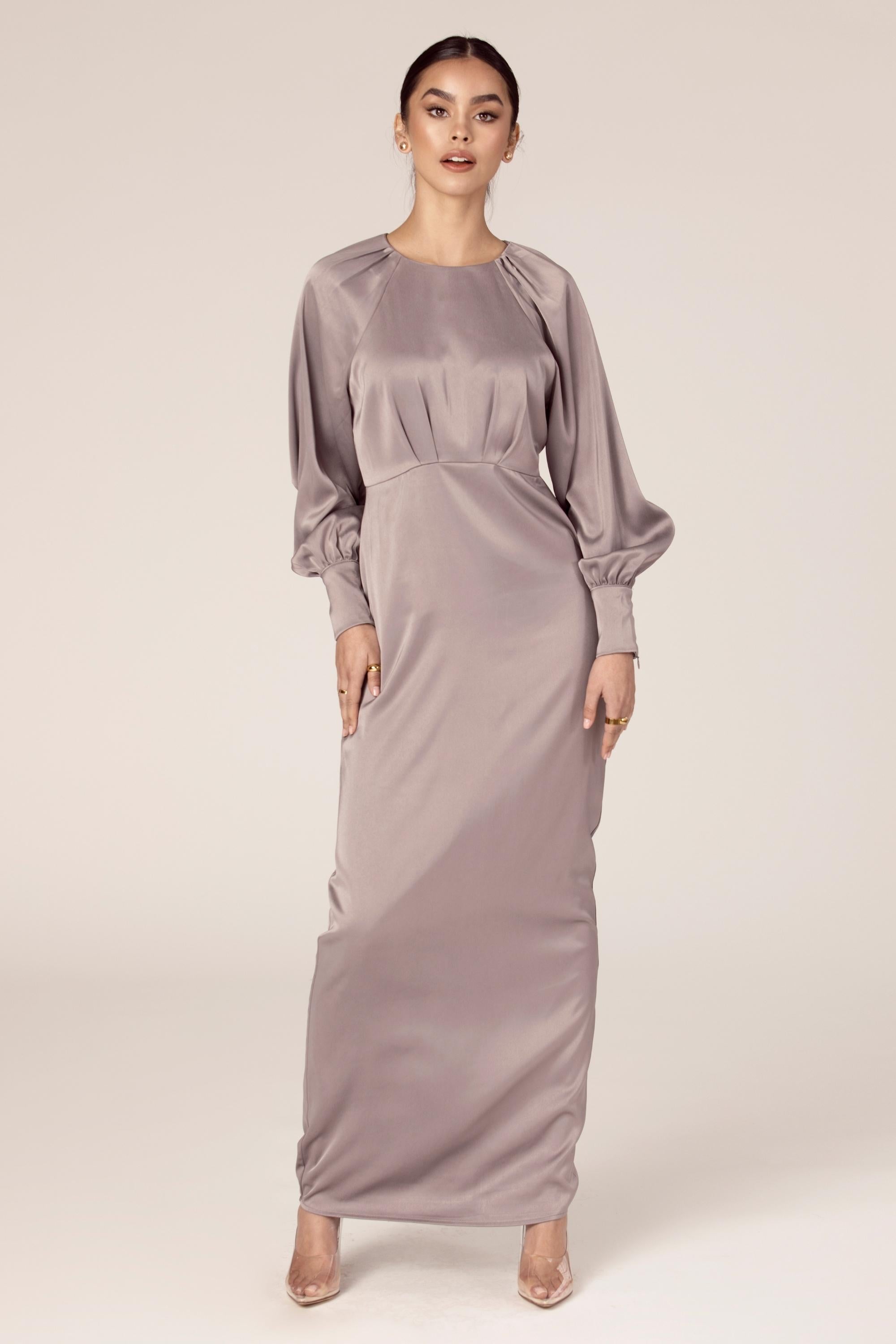 Rawan Satin Maxi Dress - Graphite Veiled Collection 