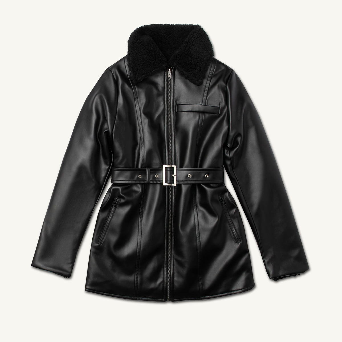 Reversible Vegan Leather Sherpa Aviator Coat - Black