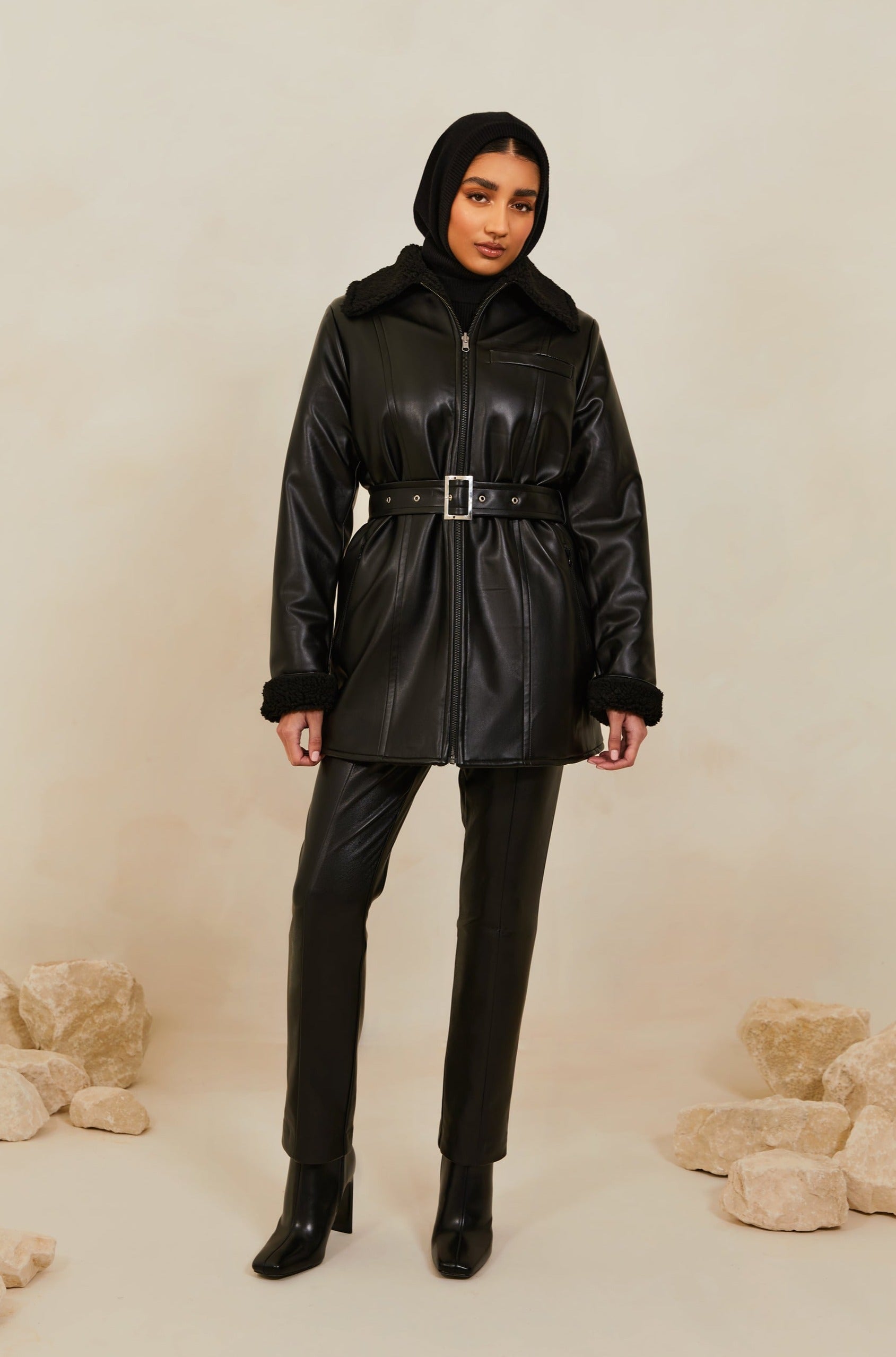 Reversible Vegan Leather Sherpa Aviator Coat - Black Veiled 