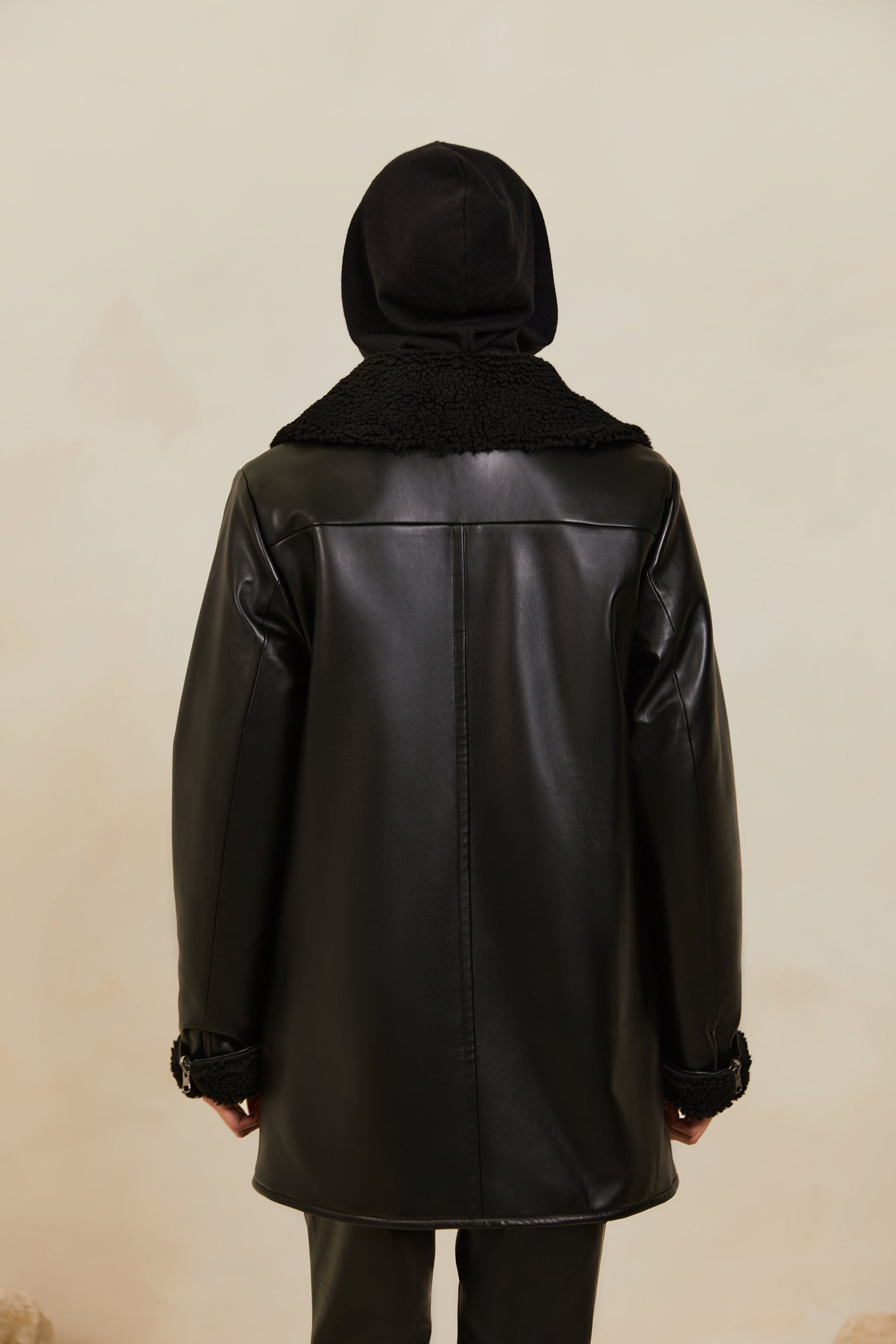 Reversible Vegan Leather Sherpa Aviator Coat - Black Veiled 