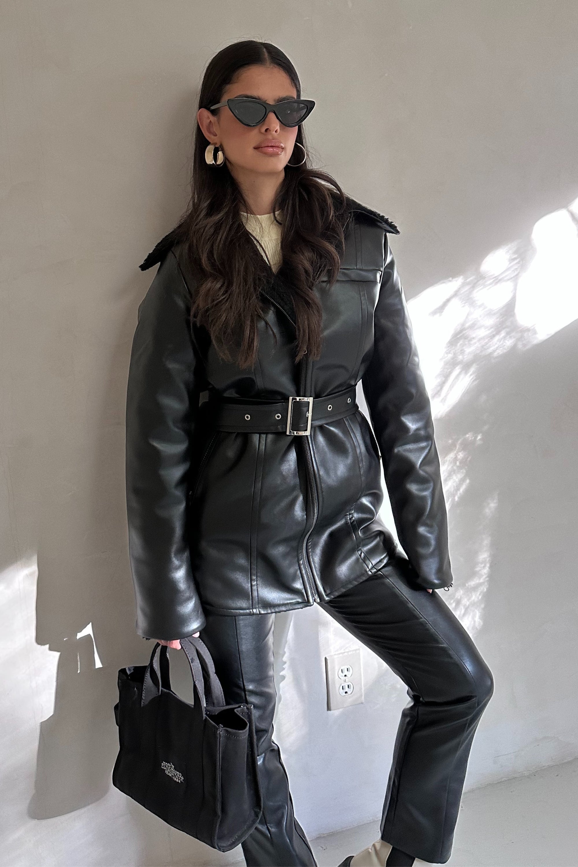 Reversible Vegan Leather Sherpa Aviator Coat - Black