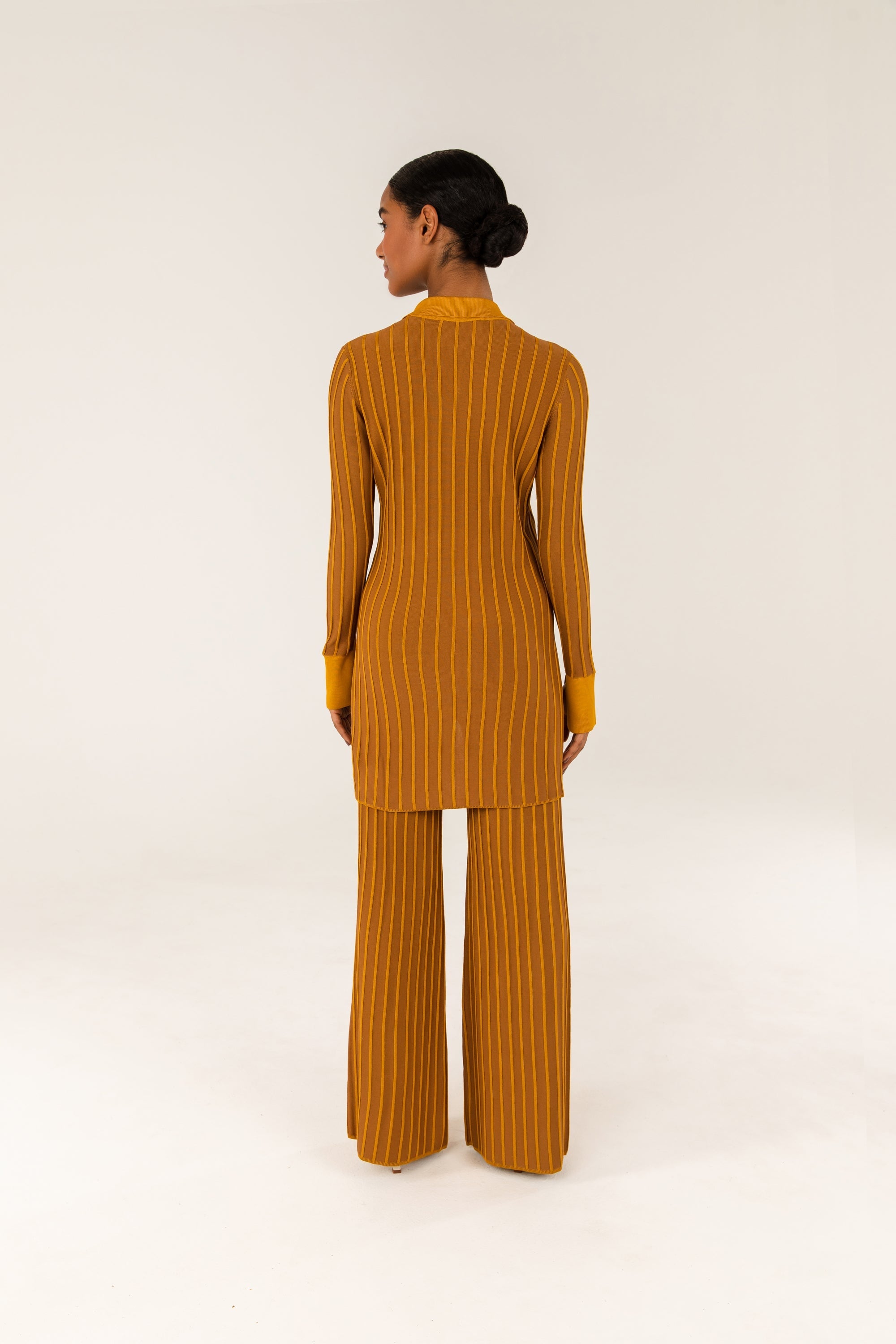 Ribbed Contrast Piping Wide Leg Pants - Brown