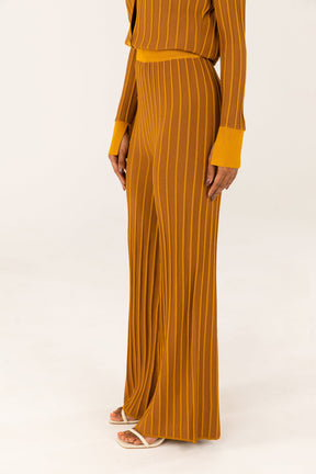 Ribbed Contrast Piping Wide Leg Pants - Brown Veiled 