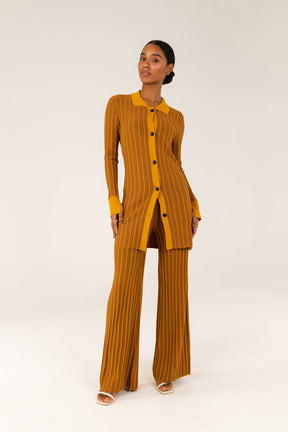 Ribbed Contrast Piping Wide Leg Pants - Brown Veiled 