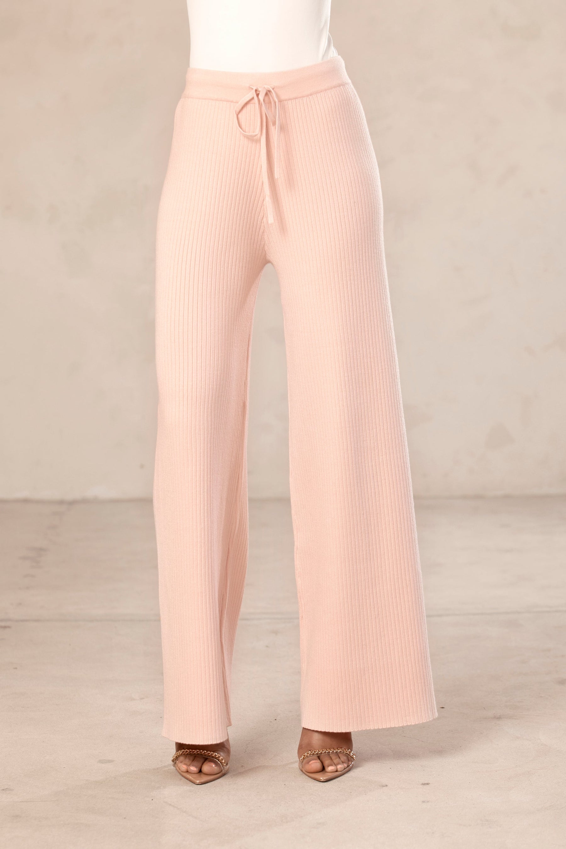 Ribbed Knit Wide Leg Pants - Pink Clay