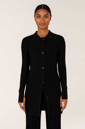 Ribbed Piping Button Up Split Cuff Top - Black epschoolboard 