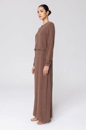 Sabah Cotton Linen Overlay Maxi Shirt Dress - Brown Veiled 