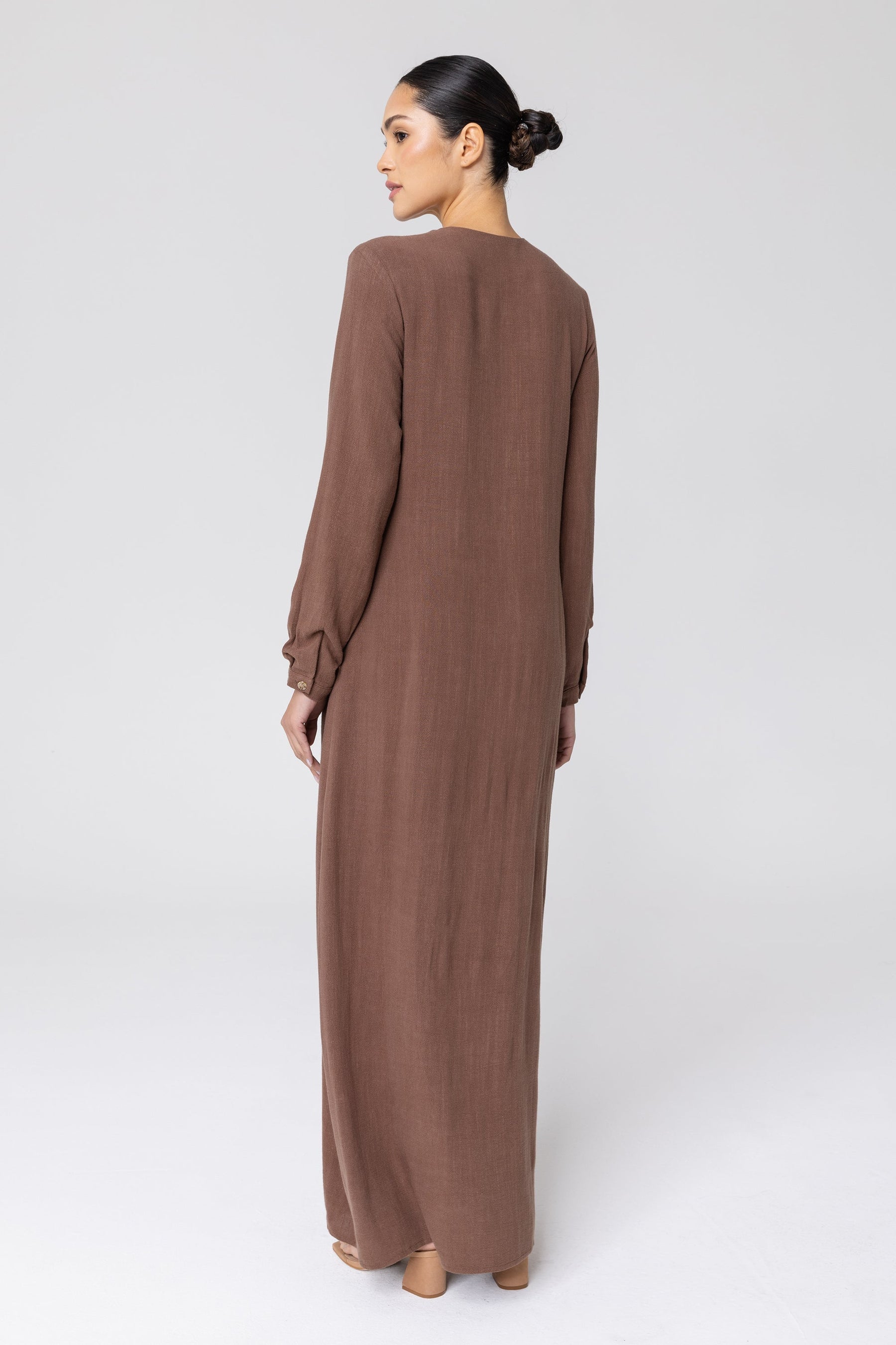 Sabah Cotton Linen Overlay Maxi Shirt Dress - Brown Veiled 
