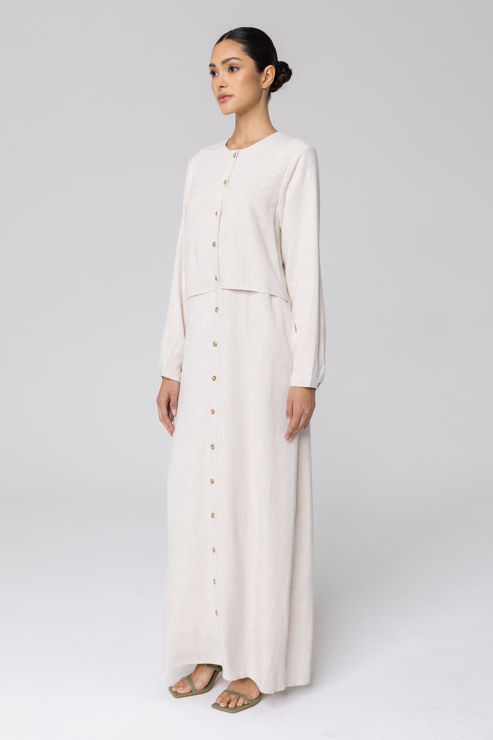 Sabah Cotton Linen Overlay Maxi Shirt Dress - Off White (Soft Grey) Veiled 