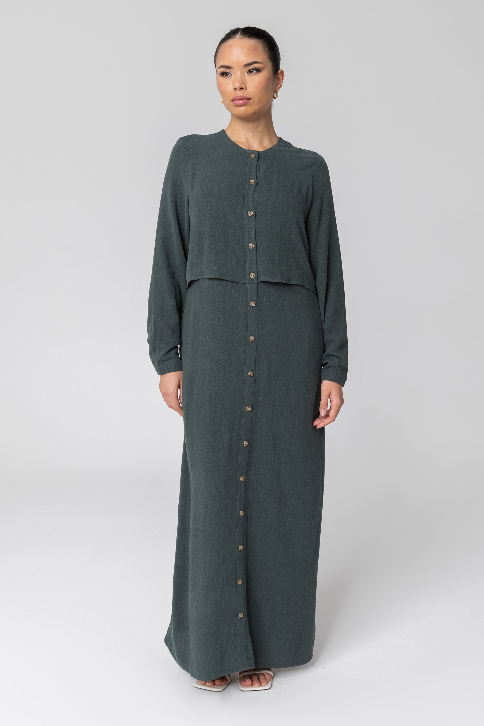 Sabah Cotton Linen Overlay Maxi Shirt Dress - Teal