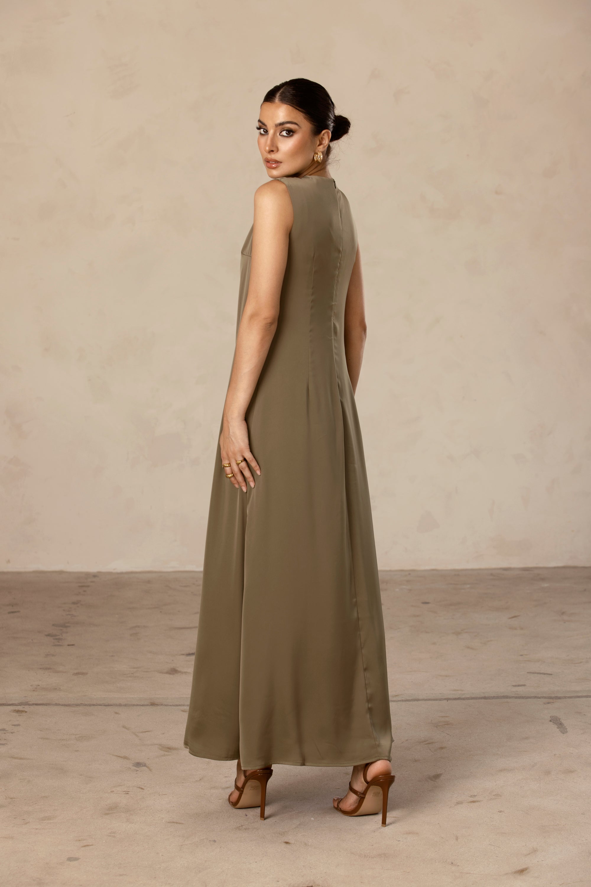 Sadia Sleeveless Maxi Dress & Skirt Set - Olive Oil Veiled Collection 