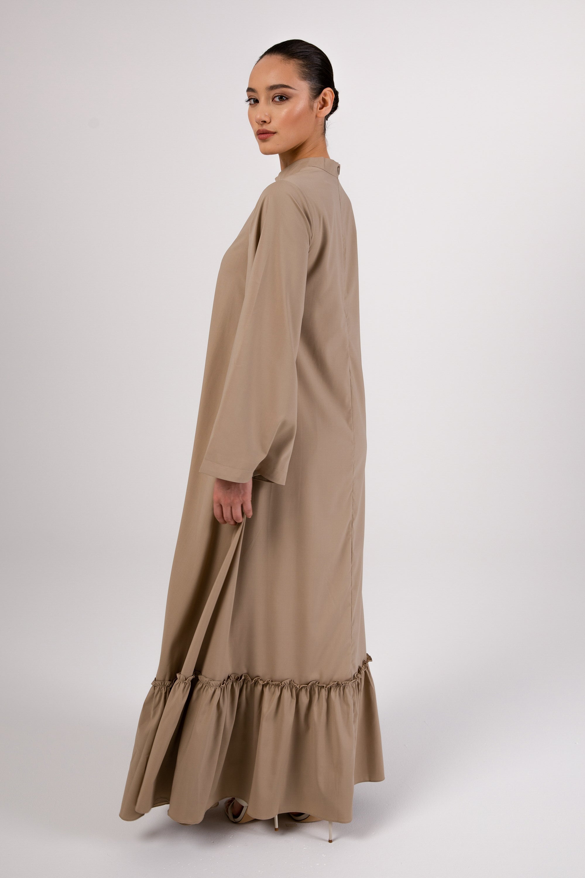 Safira Ruffle Hem Maxi Dress - Khaki Veiled 