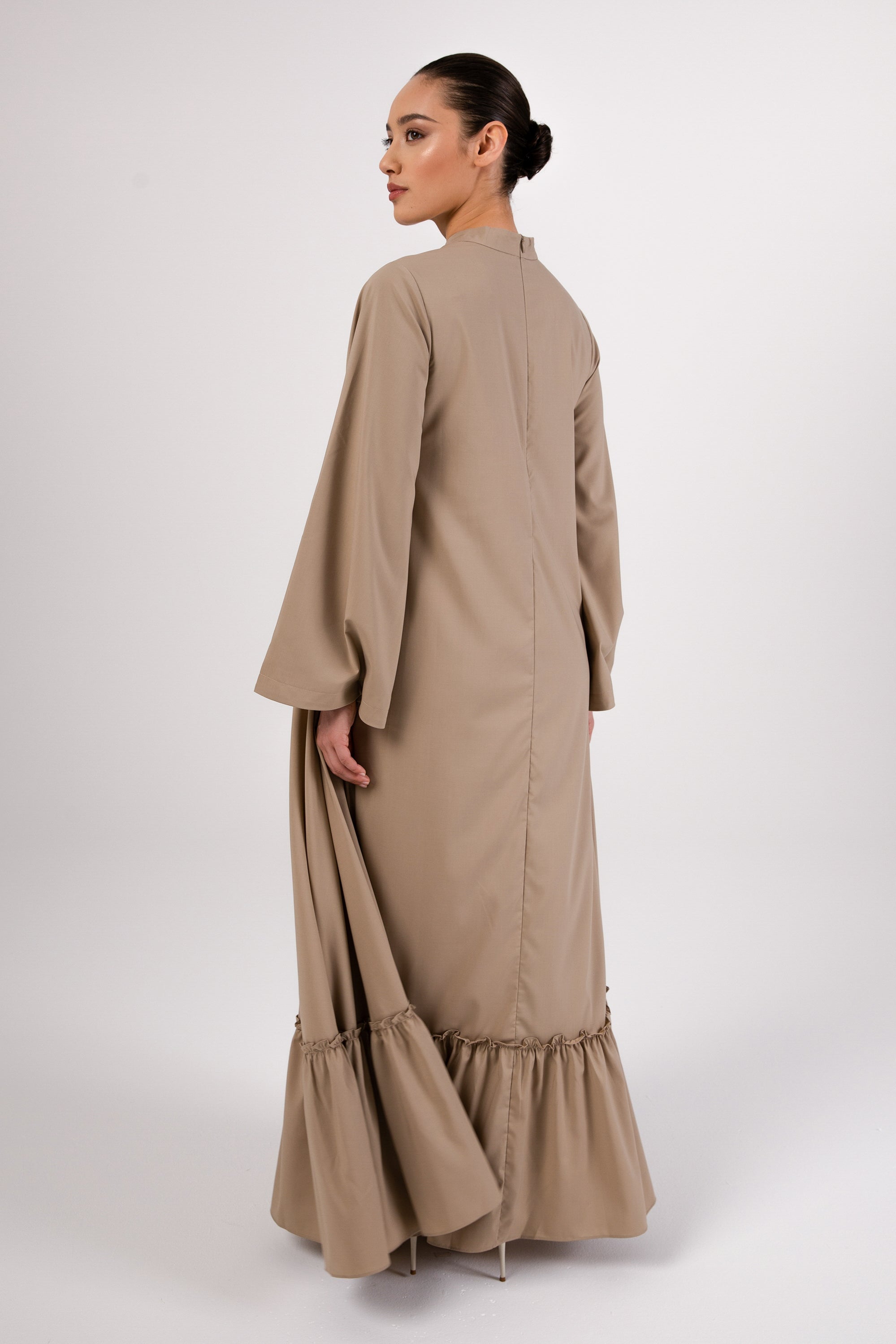Safira Ruffle Hem Maxi Dress - Khaki Veiled 