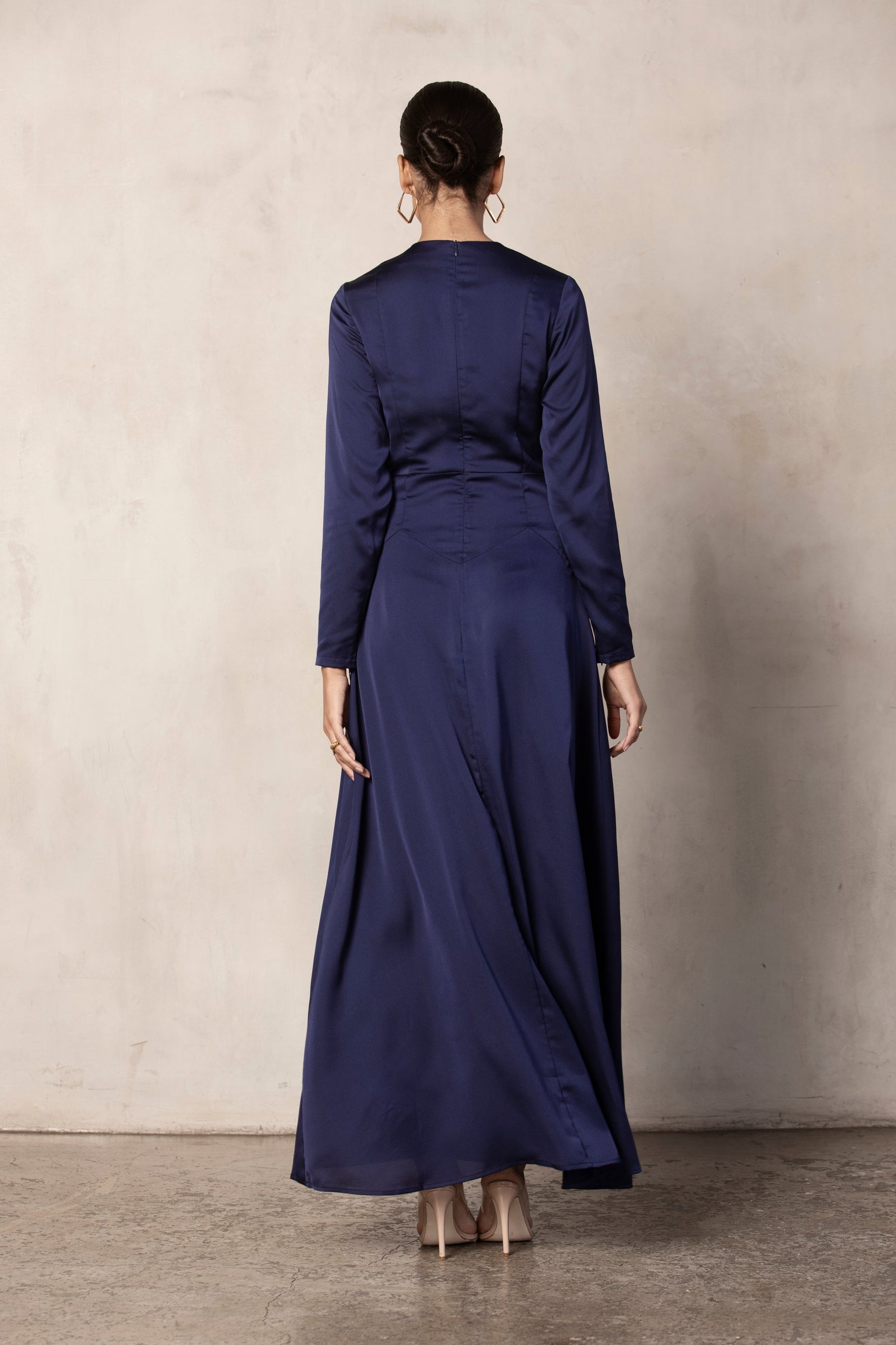 Sana Stylized Waist Satin Maxi Dress - Navy Blue