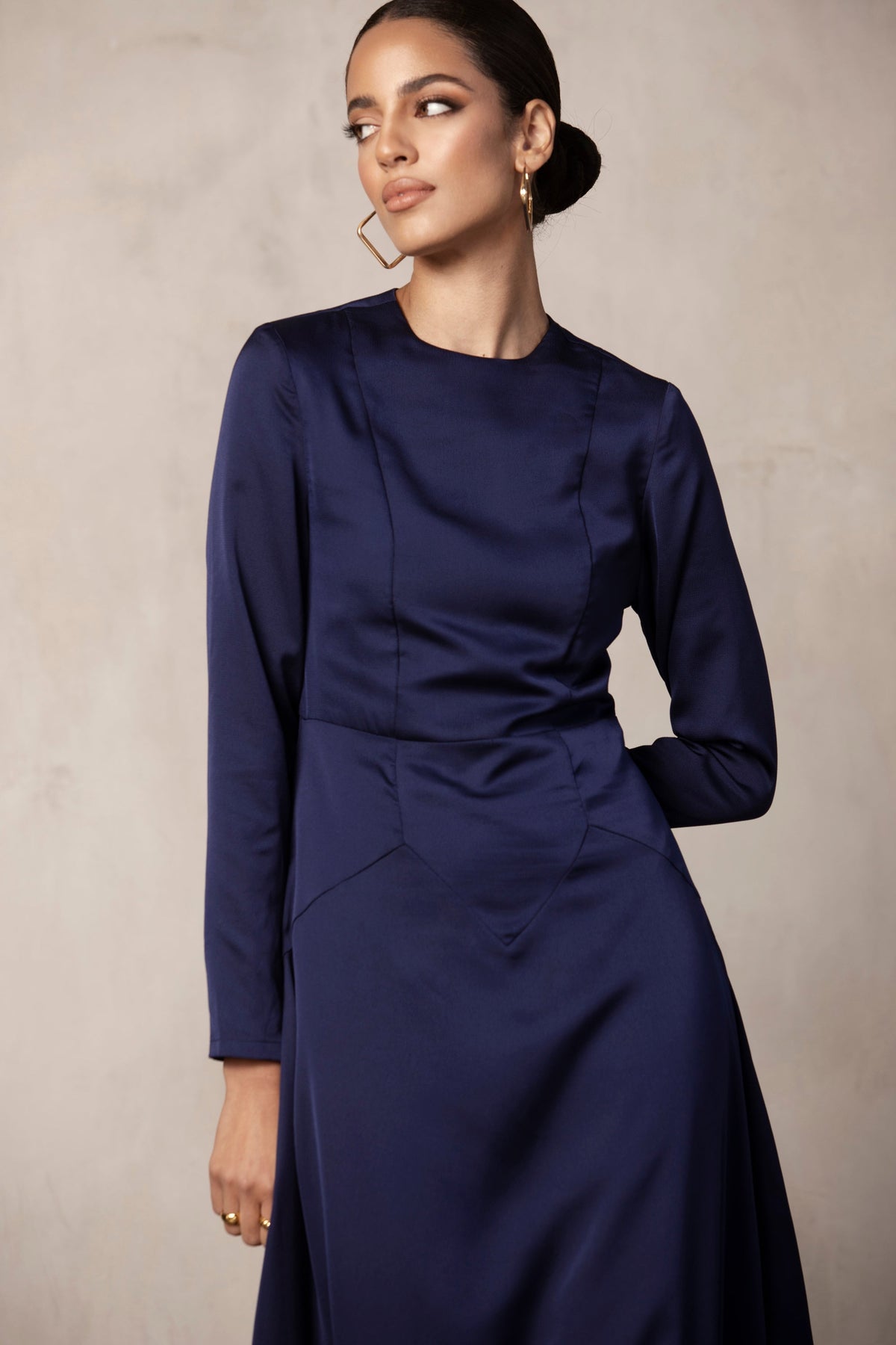 Sana Stylized Waist Satin Maxi Dress - Navy Blue Veiled Collection 
