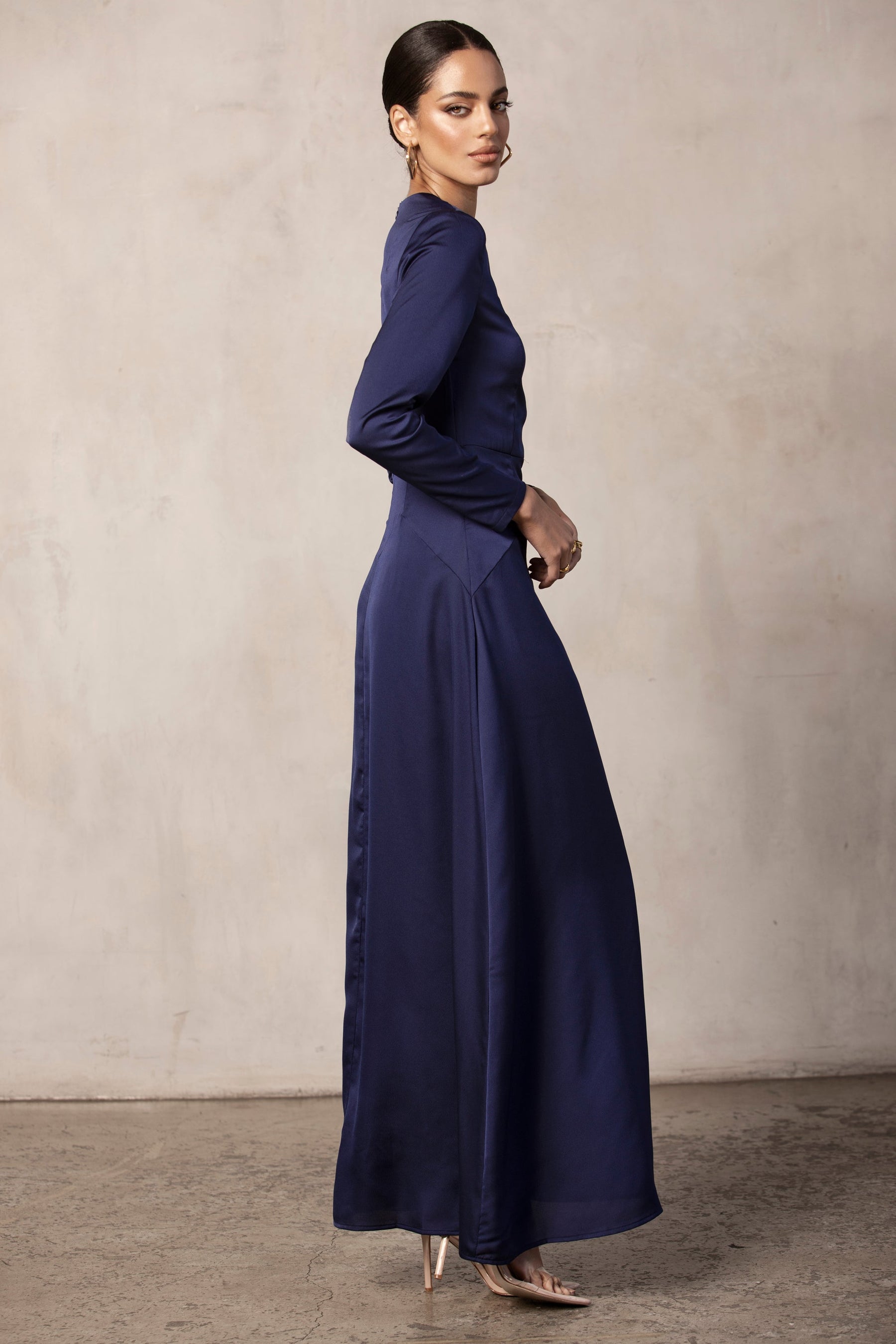 Sana Stylized Waist Satin Maxi Dress - Navy Blue