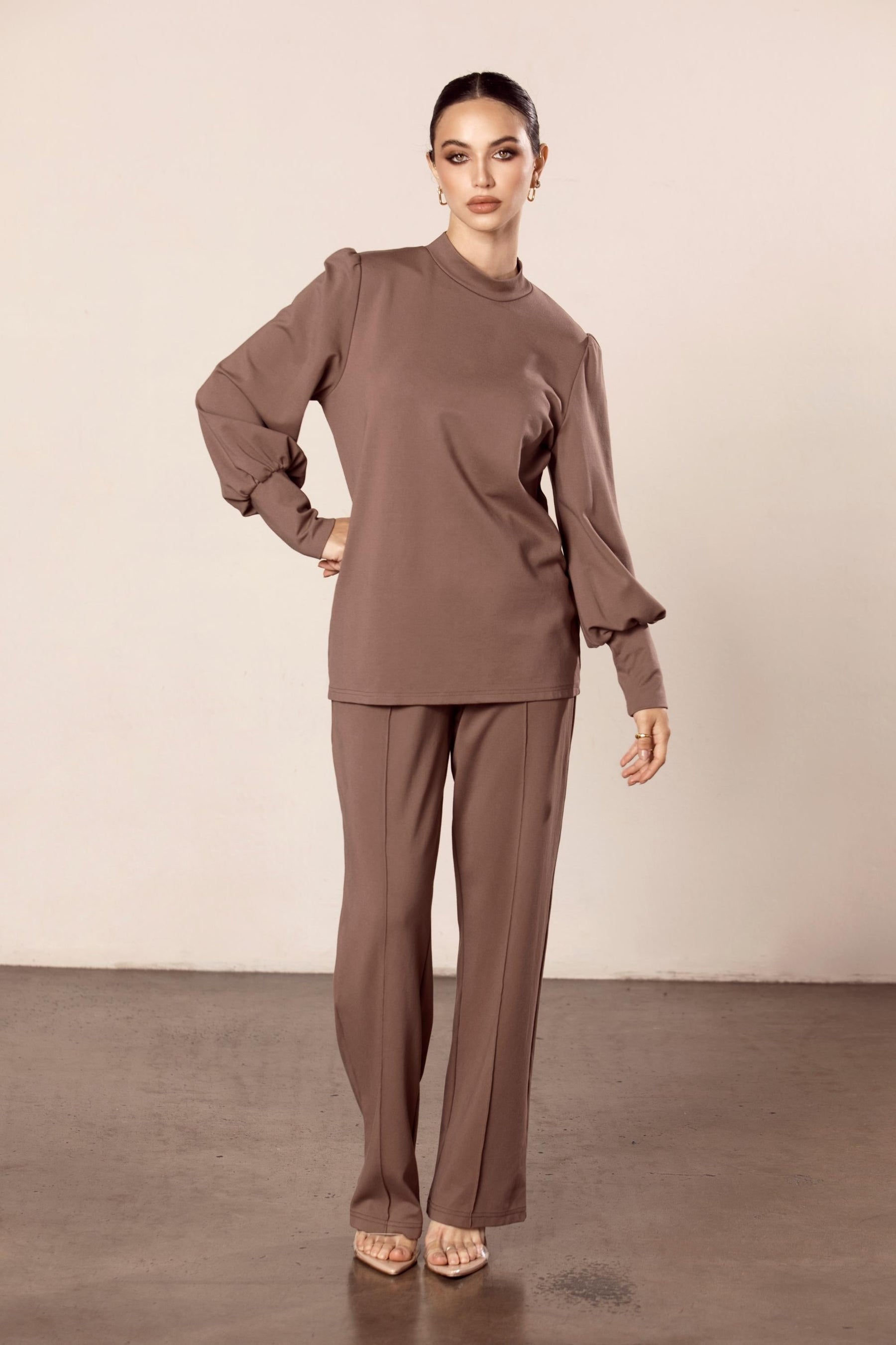Seam Front Tailored Straight Pants - Mocha Veiled Collection 