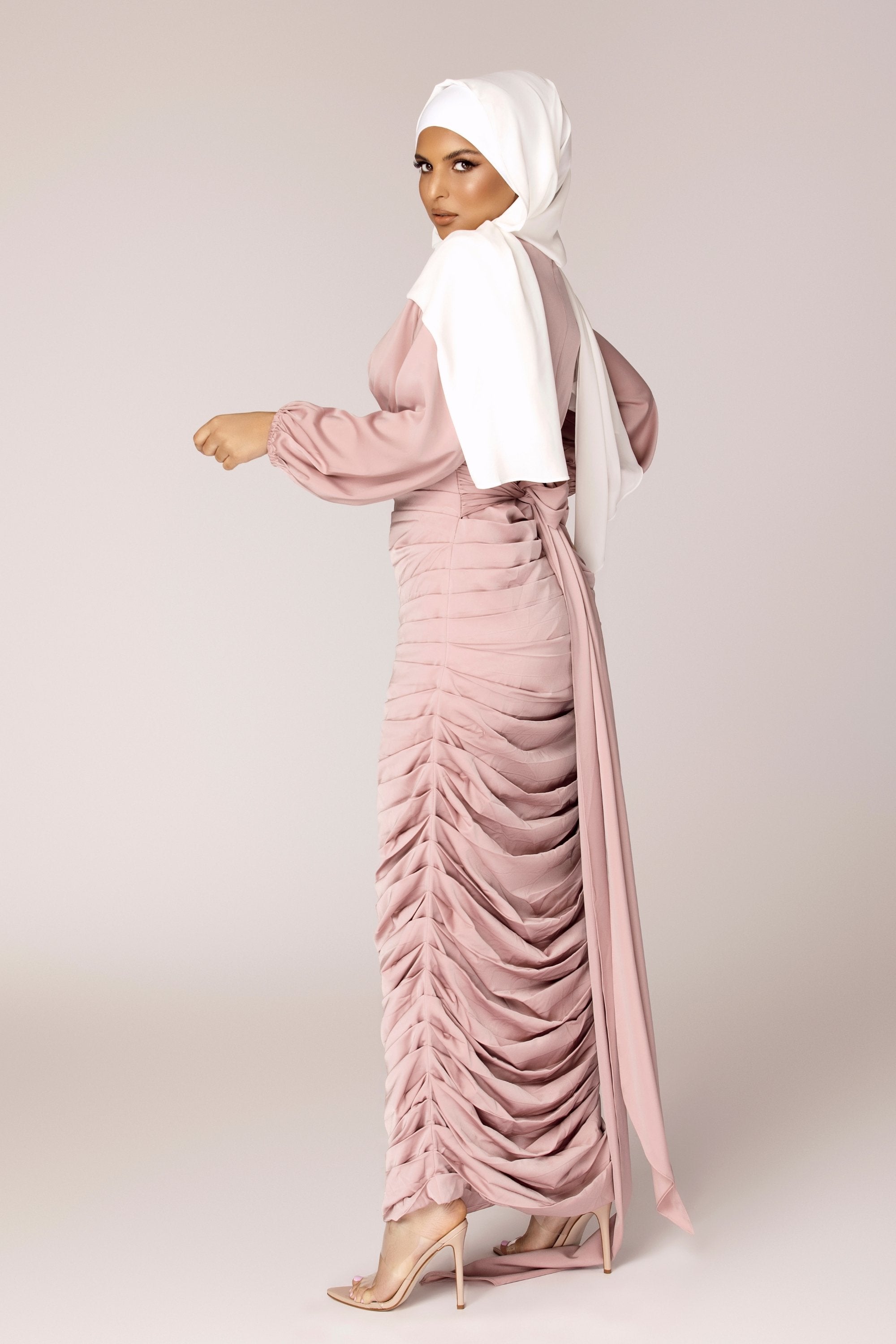 Selena Rouched Wrap Waist Gown - Dusty Pink Veiled Collection 