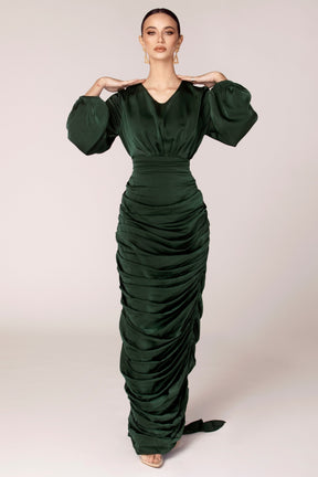 Selena Rouched Wrap Waist Gown - Emerald Green Veiled Collection 