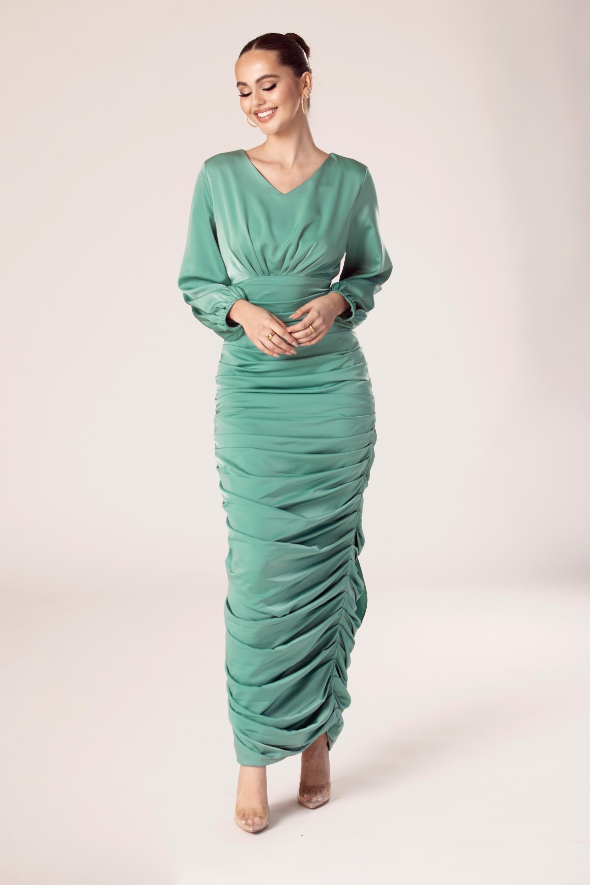 Selena Rouched Wrap Waist Gown - Sea Green Veiled Collection 