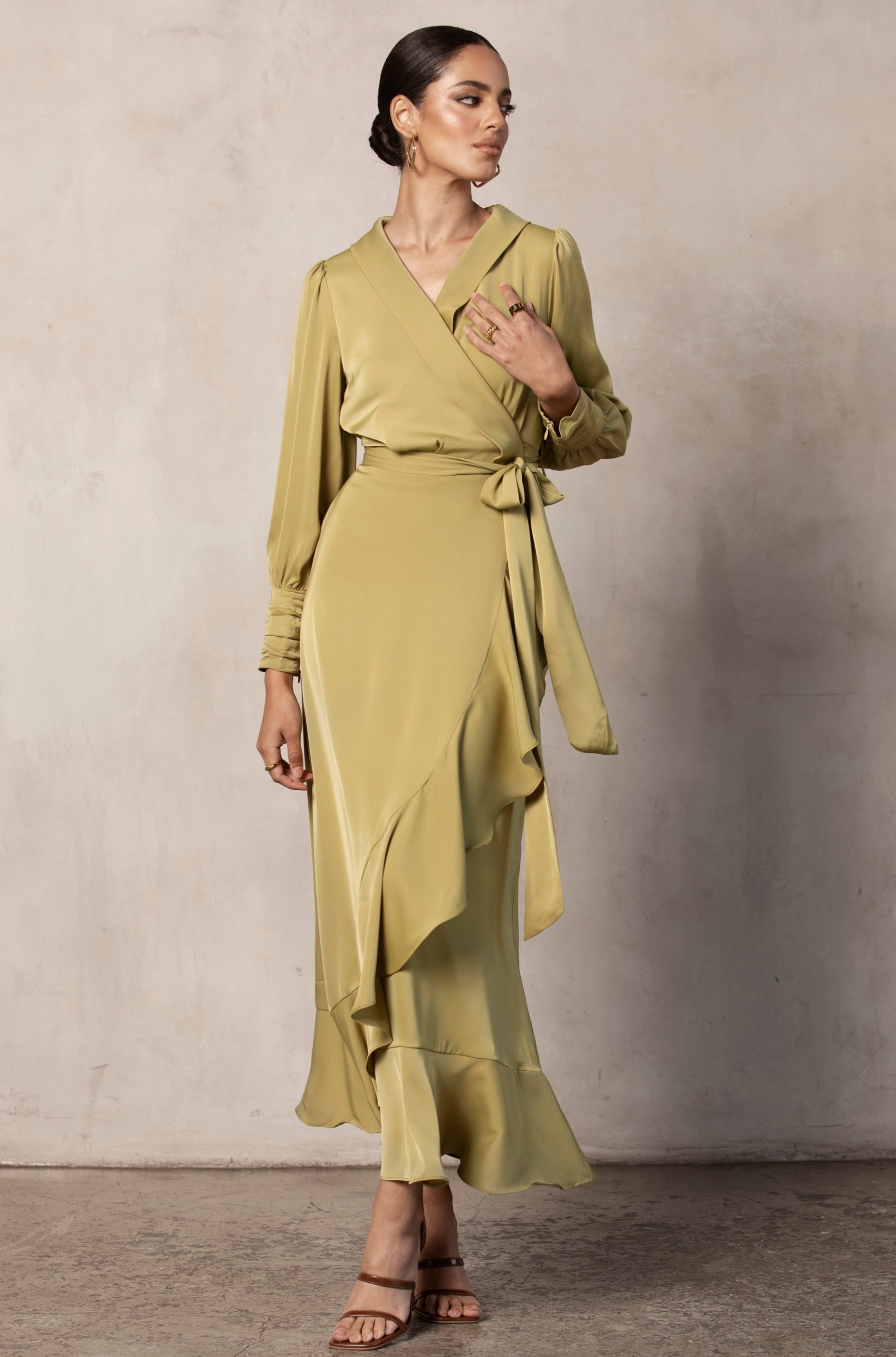 Shereen Wrap Front Satin Maxi Dress - Cypress Green Veiled Collection 
