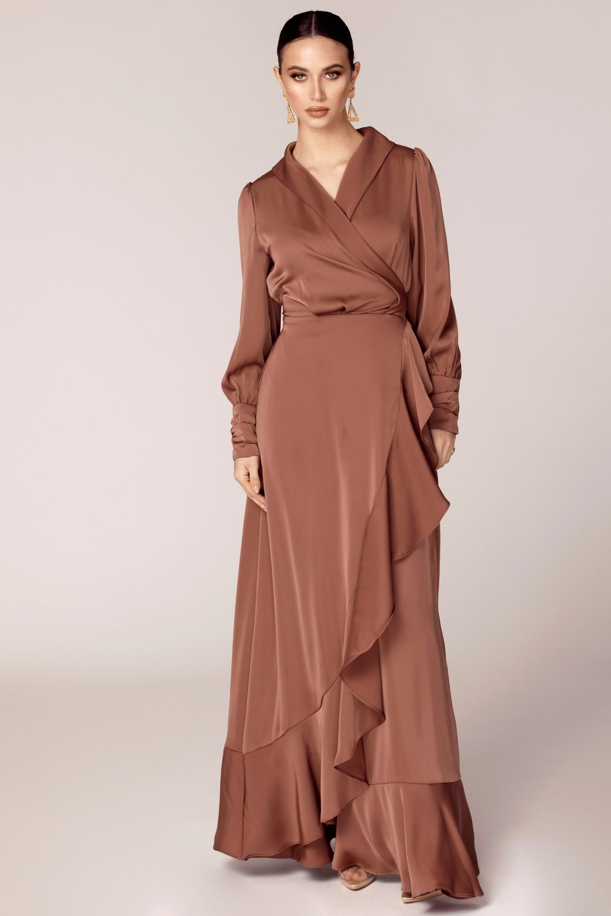 Shereen Wrap Front Satin Maxi Dress - Pecan Veiled Collection 