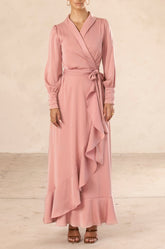 Shereen Wrap Front Satin Maxi Dress - Dusty Mauve Veiled Collection 
