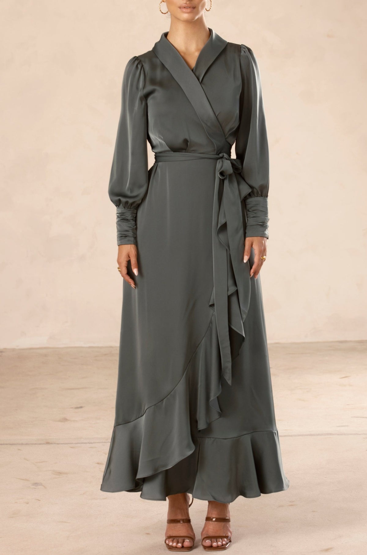 Shereen Wrap Front Satin Maxi Dress - Dusty Teal Veiled Collection 