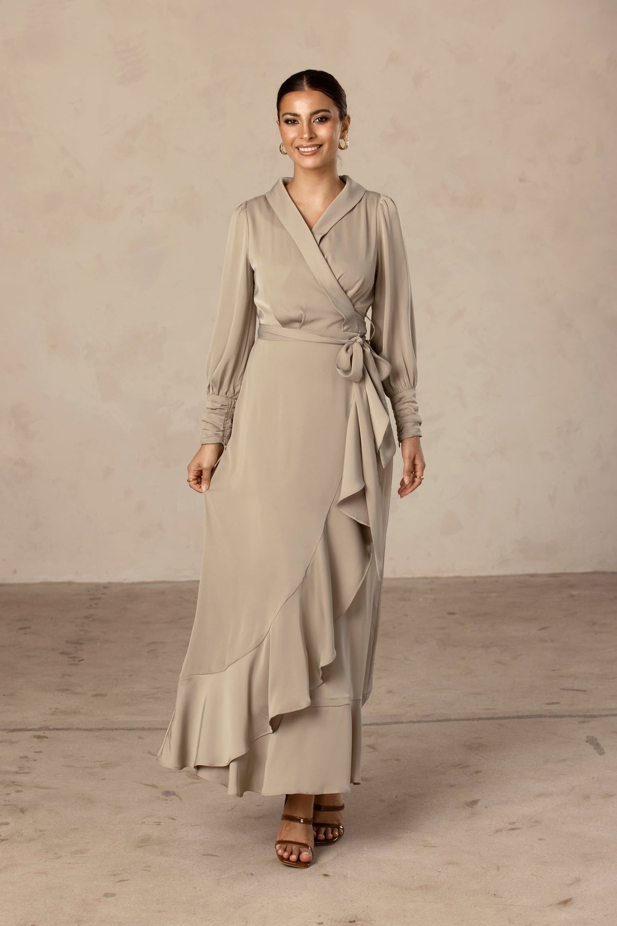 Shereen Wrap Front Satin Maxi Dress - Light Sage Veiled Collection 