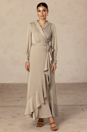 Shereen Wrap Front Satin Maxi Dress - Light Sage Veiled Collection 