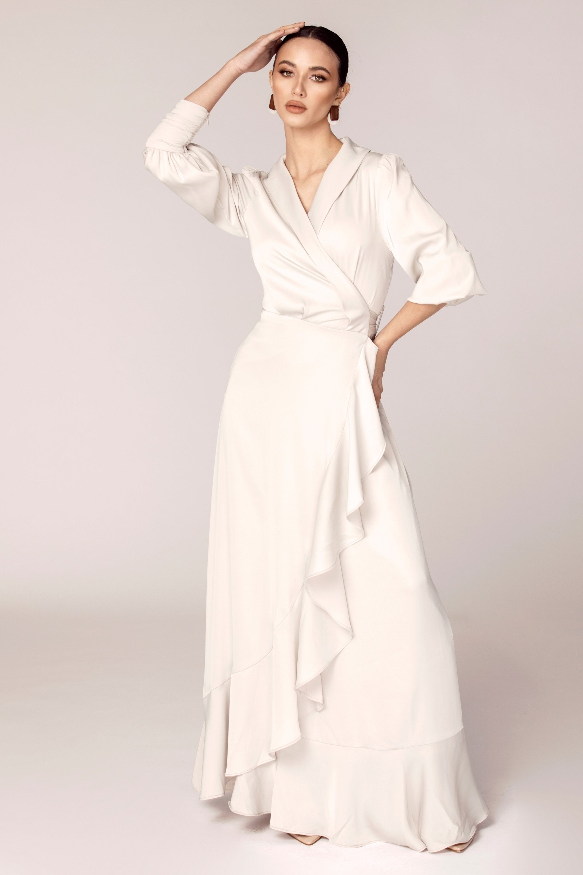 Shereen Wrap Front Satin Maxi Dress - Light Taupe Veiled Collection 