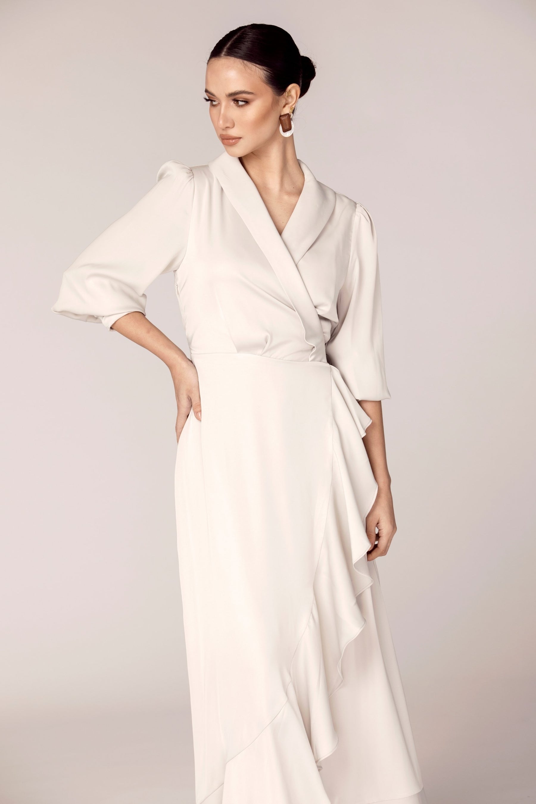 Shereen Wrap Front Satin Maxi Dress - Light Taupe Veiled Collection 