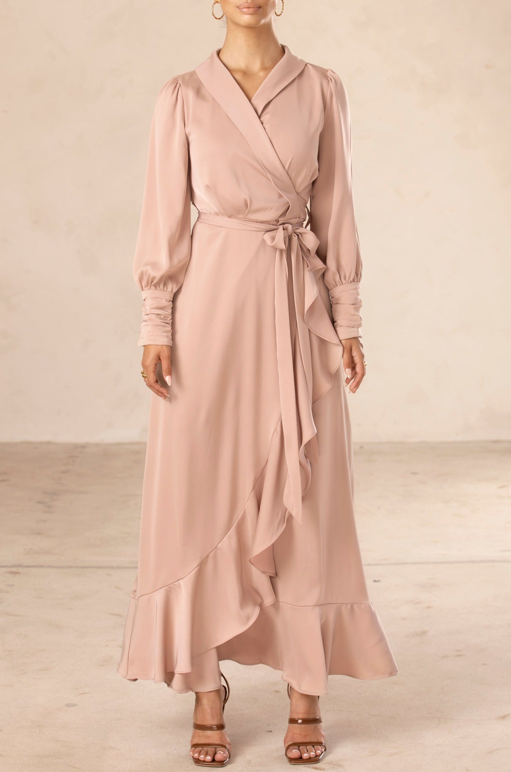 Shereen Wrap Front Satin Maxi Dress - Mink Veiled Collection 