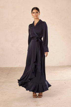 Shereen Wrap Front Satin Maxi Dress - Navy Veiled Collection 