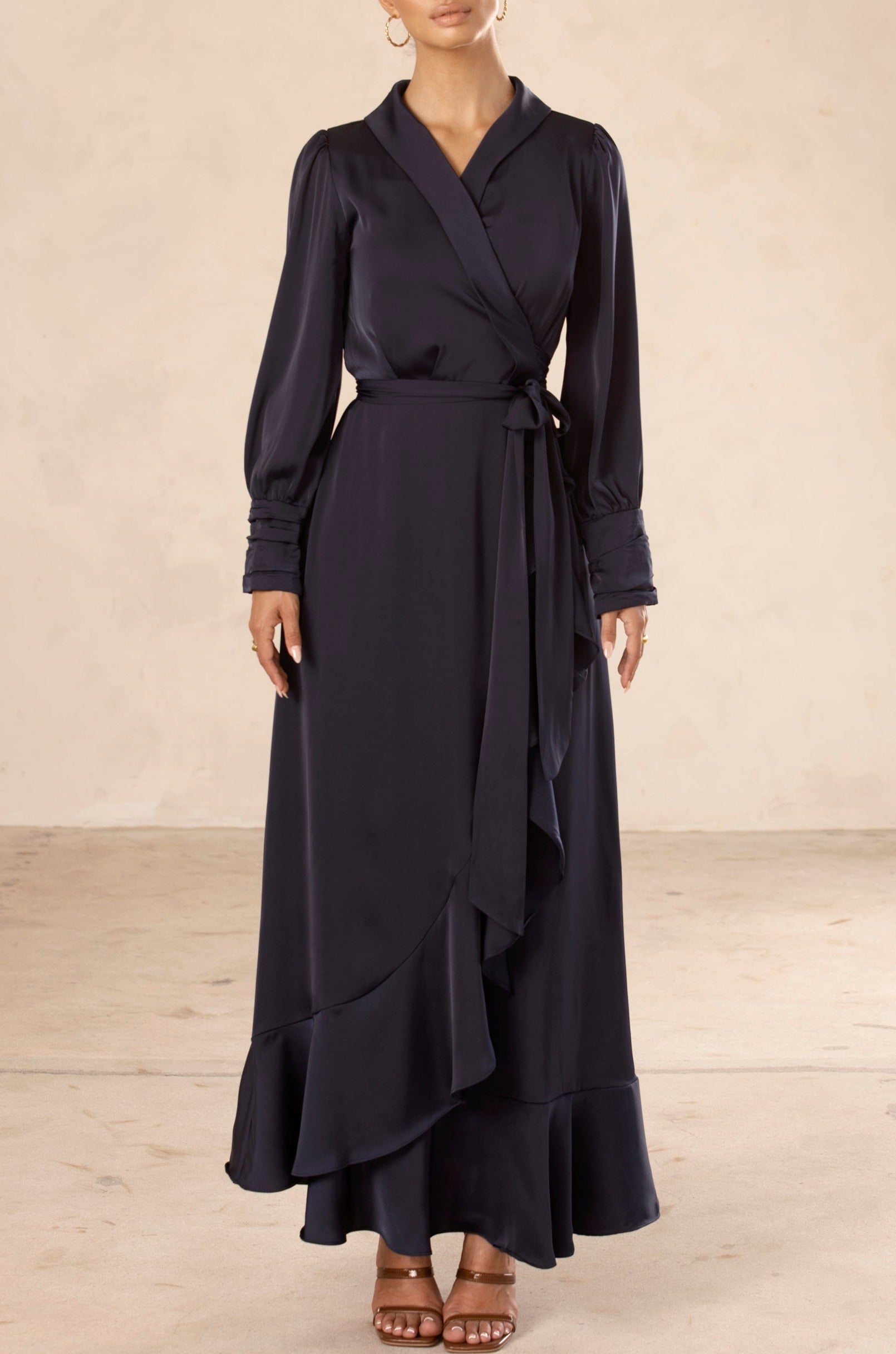 Shereen Wrap Front Satin Maxi Dress - Navy Veiled Collection 