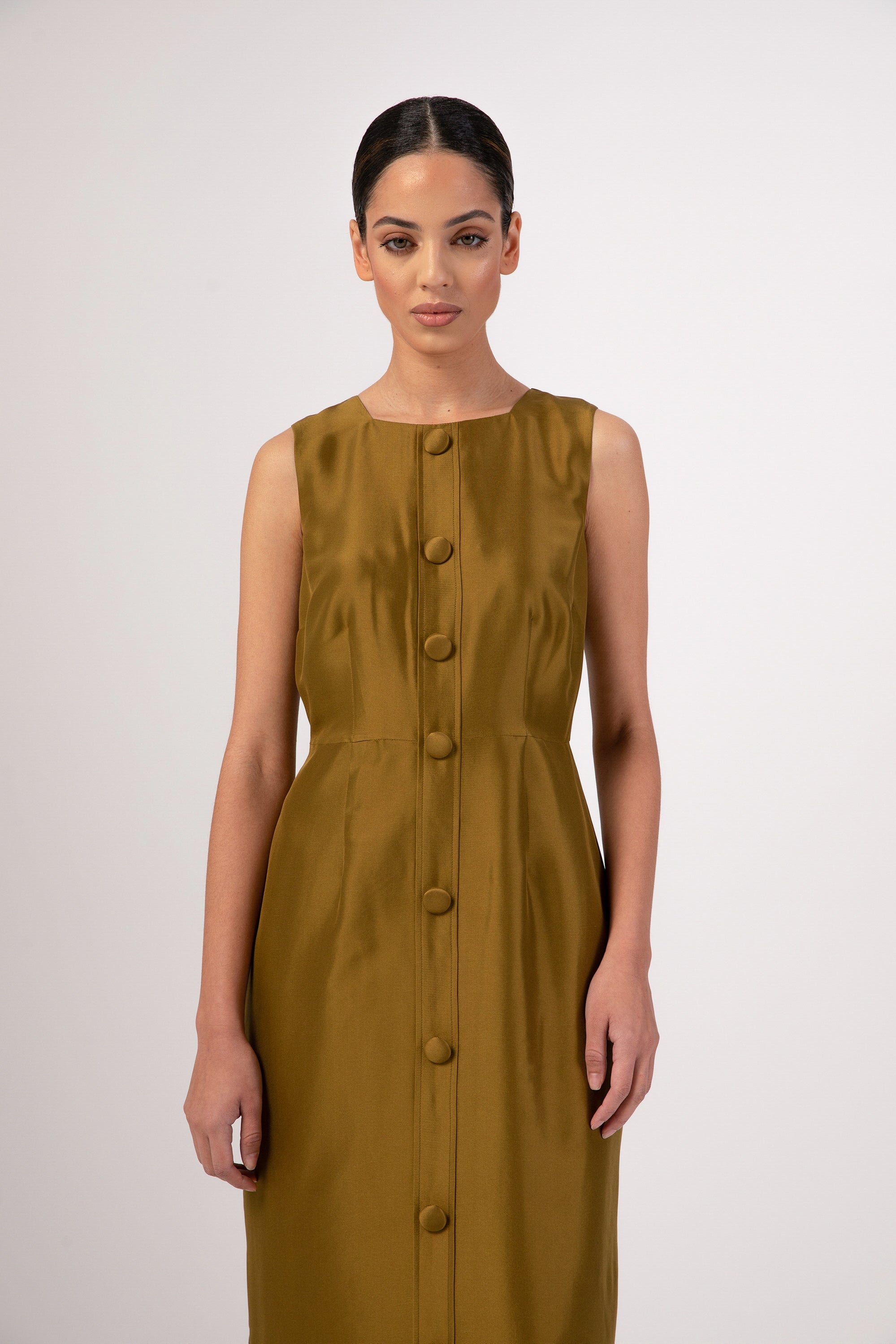 Silk Duppioni Button Front Sleeveless Maxi Dress - Avocado