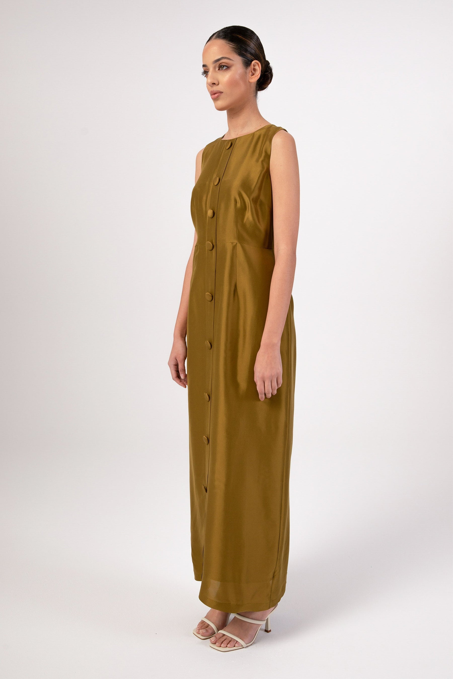 Silk Duppioni Button Front Sleeveless Maxi Dress - Avocado Veiled 