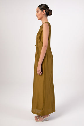 Silk Duppioni Button Front Sleeveless Maxi Dress - Avocado Veiled 