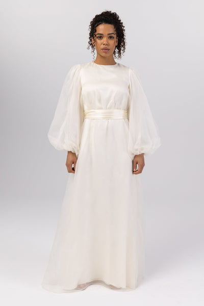 Silk Organza Balloon Sleeve A-Line Maxi Dress - Off White