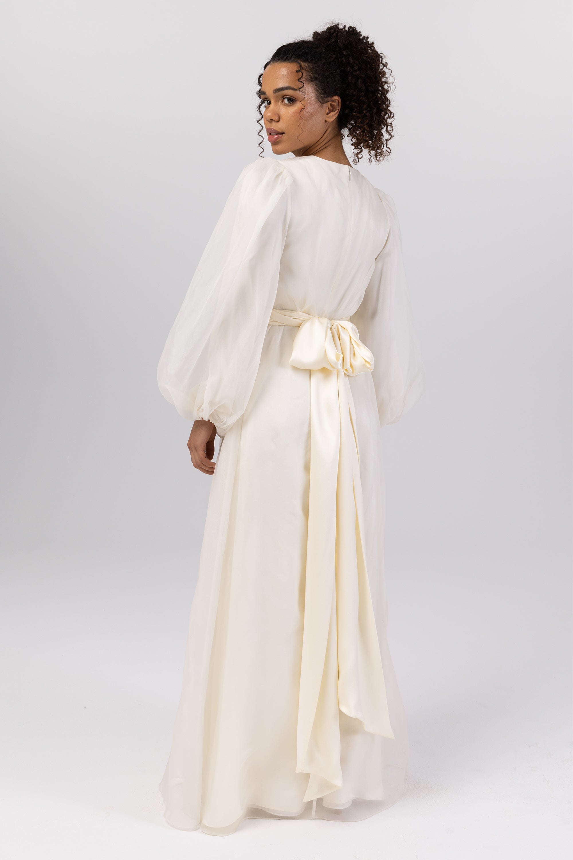 Silk Organza Balloon Sleeve A-Line Maxi Dress - Off White