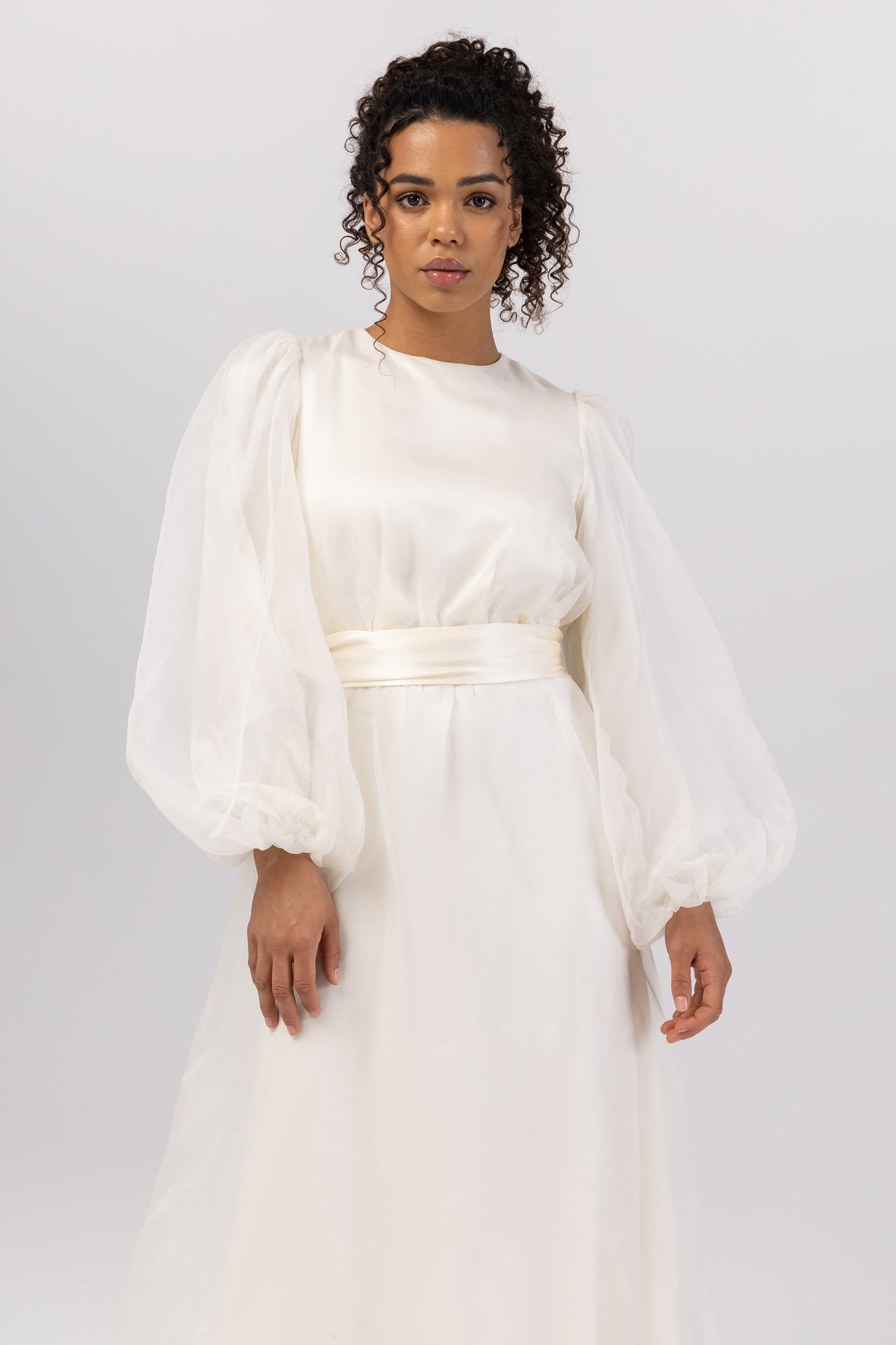 Silk Organza Balloon Sleeve A-Line Maxi Dress - Off White