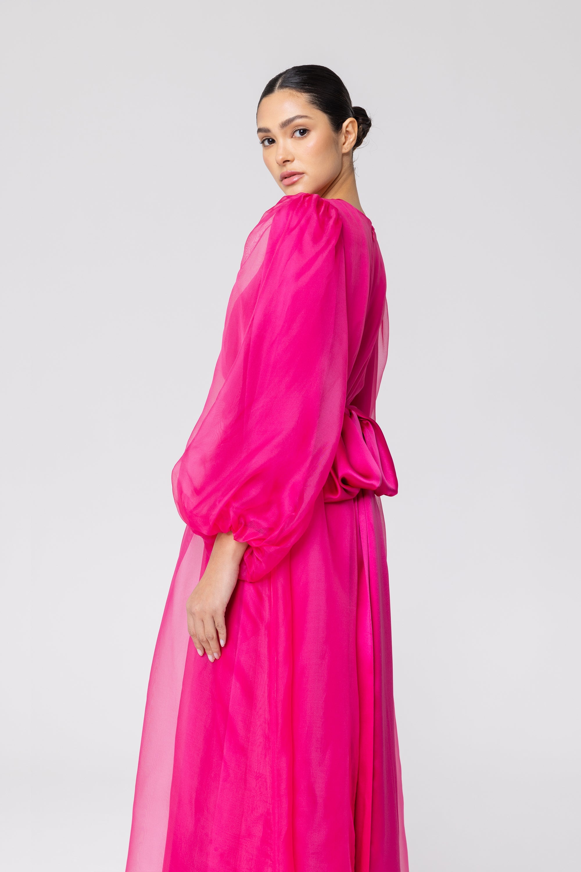Silk Organza Balloon Sleeve A-Line Maxi Dress - Pink Veiled Collection 