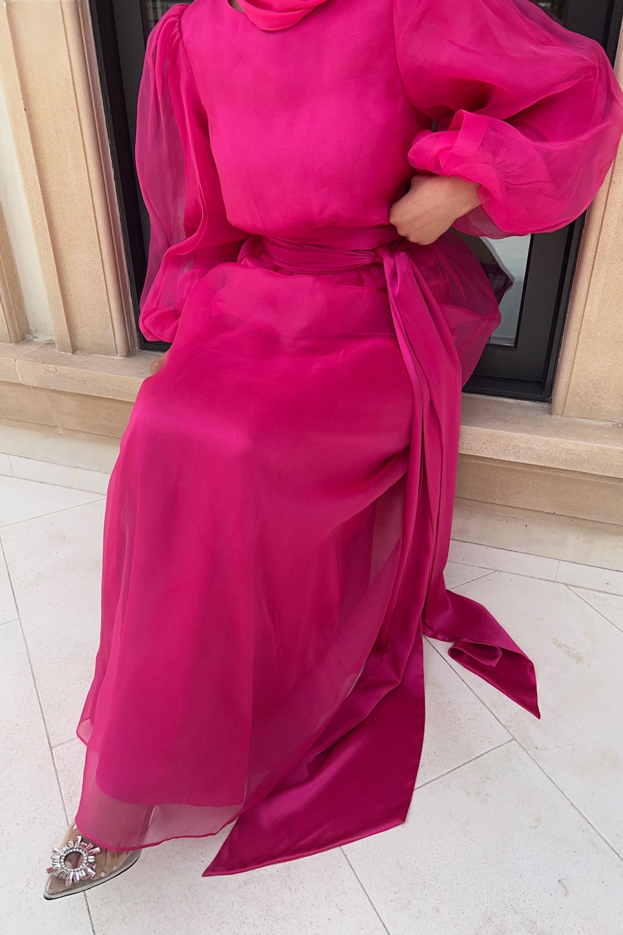 Silk Organza Balloon Sleeve A-Line Maxi Dress - Pink Clothing Veiled 