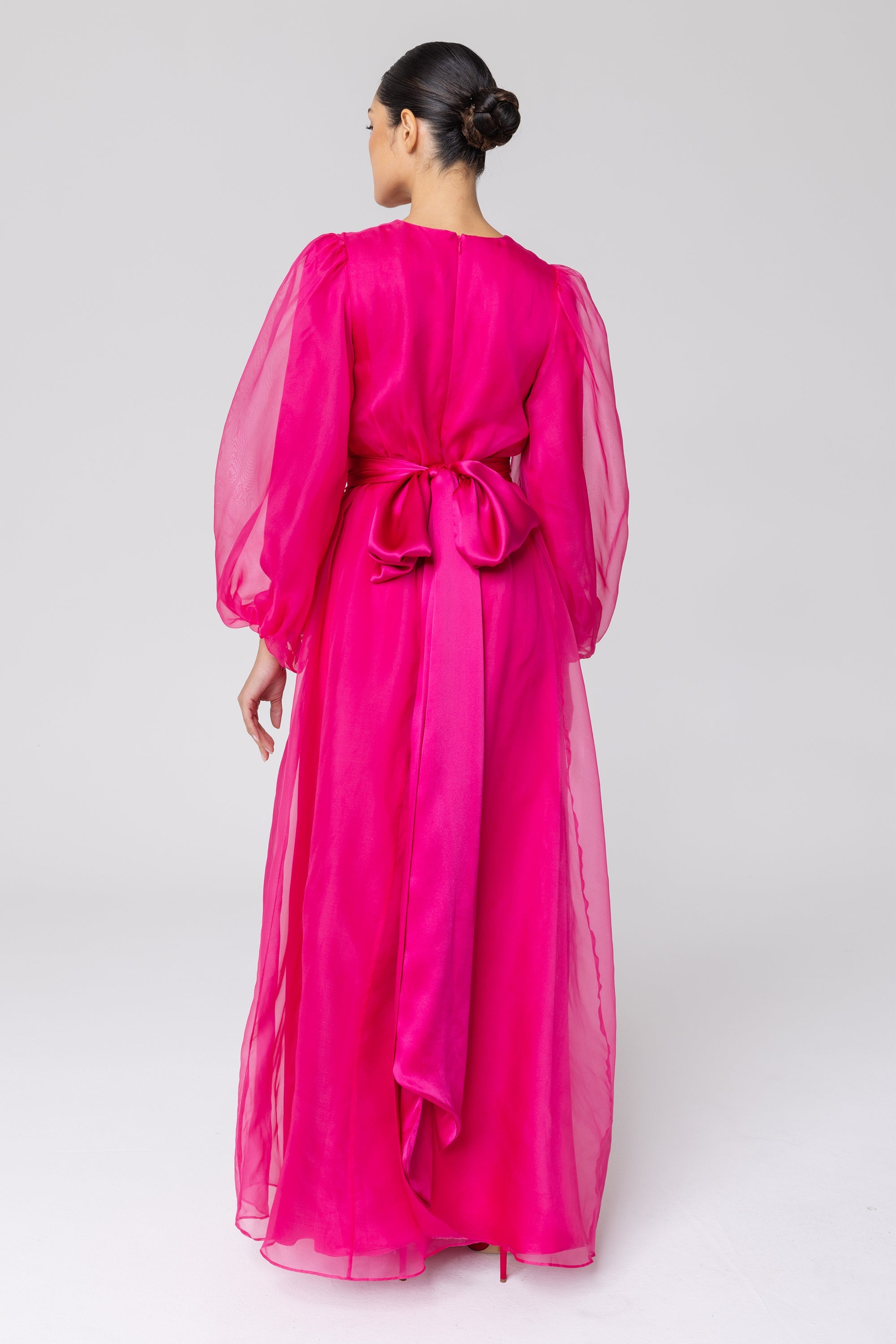 Silk Organza Balloon Sleeve A-Line Maxi Dress - Pink Veiled Collection 
