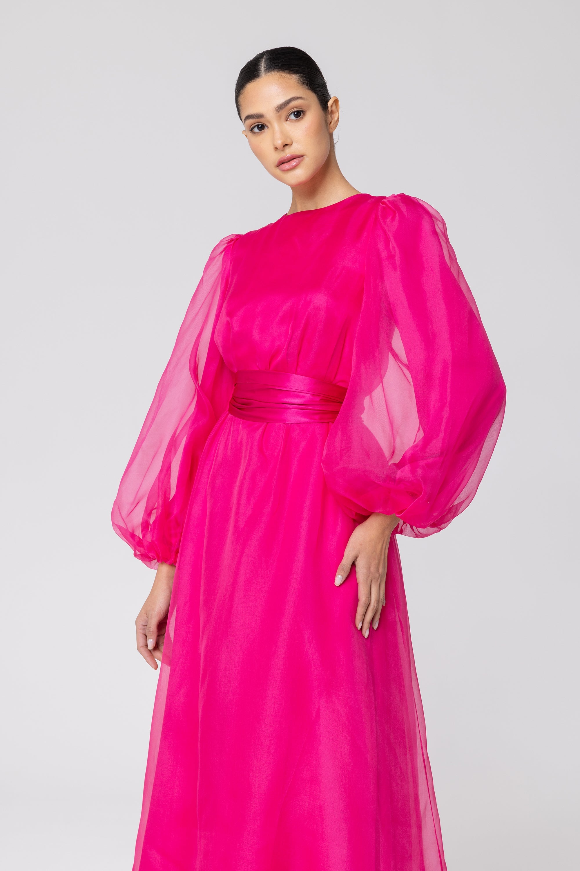 Silk Organza Balloon Sleeve A-Line Maxi Dress - Pink