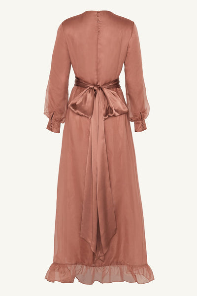 Silk Organza Ruffle Trim Maxi Dress - Cedar Wood