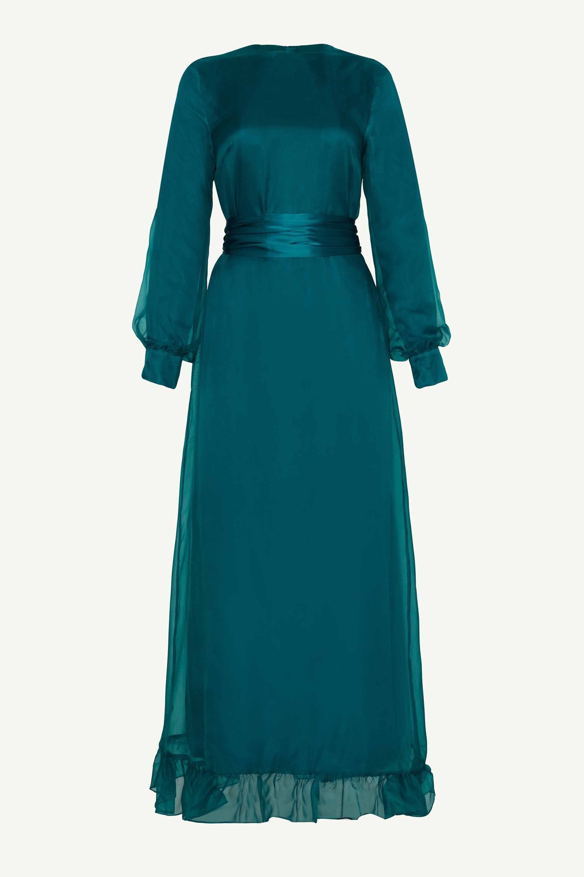 Silk Organza Ruffle Trim Maxi Dress - Deep Lagoon Clothing Veiled 