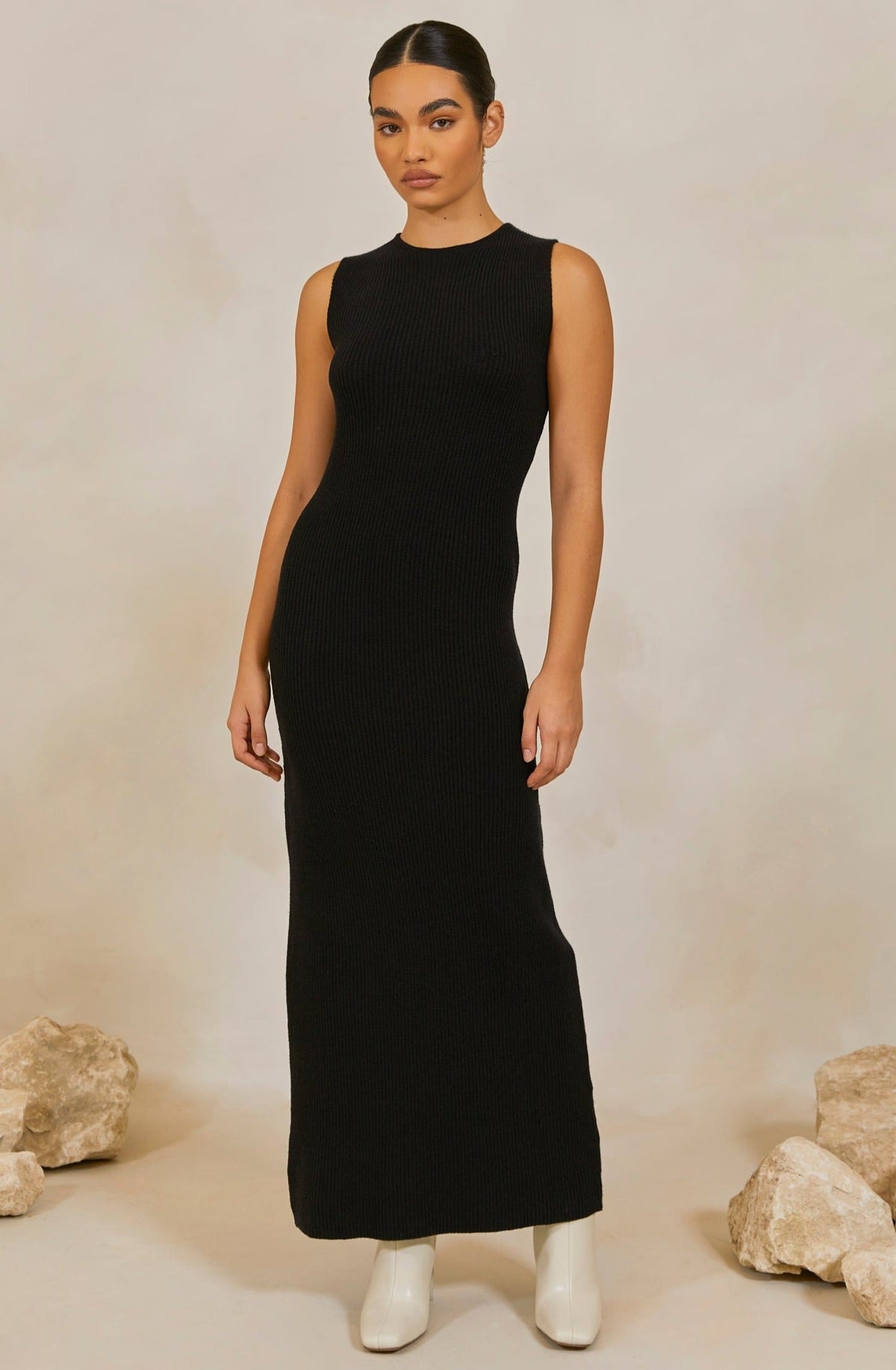 Sleeveless Knit Maxi Dress - Black Veiled 
