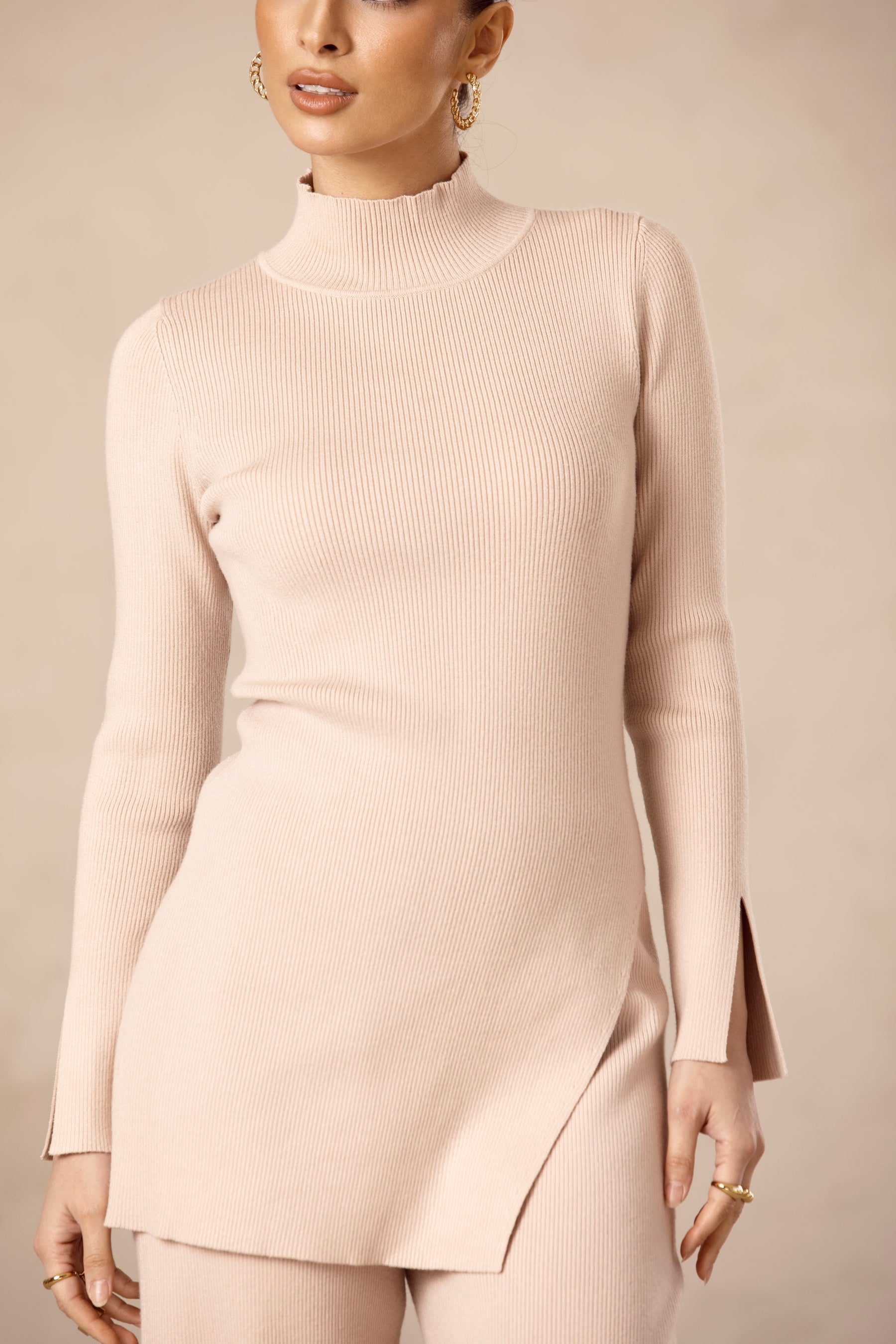 Split Hem Knit Ribbed Top - Nude Veiled Collection 