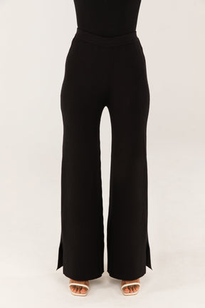 Split Hem Knit Ribbed Wide Leg Pants - Black Veiled 